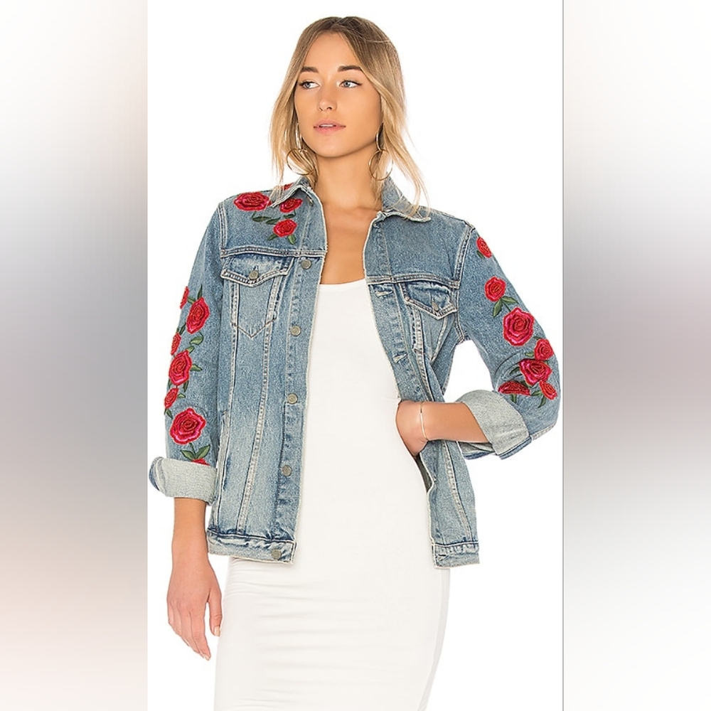 GRLFRND Daria Oversized Blue Denim Rose Jacket with Floral Embroidery XS